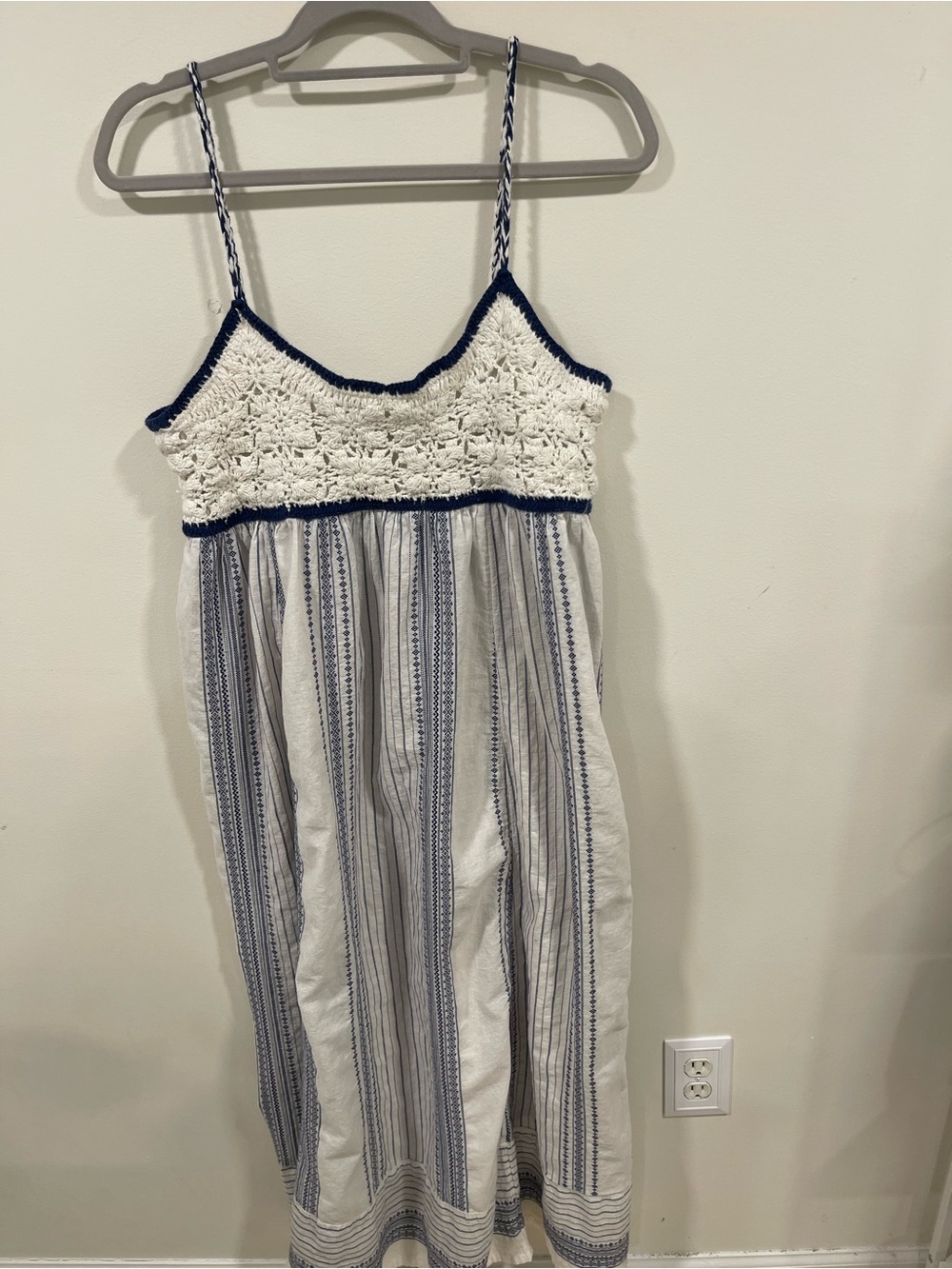 Lucky Brand White and Navy Crochet-Top Striped Maxi Chemise